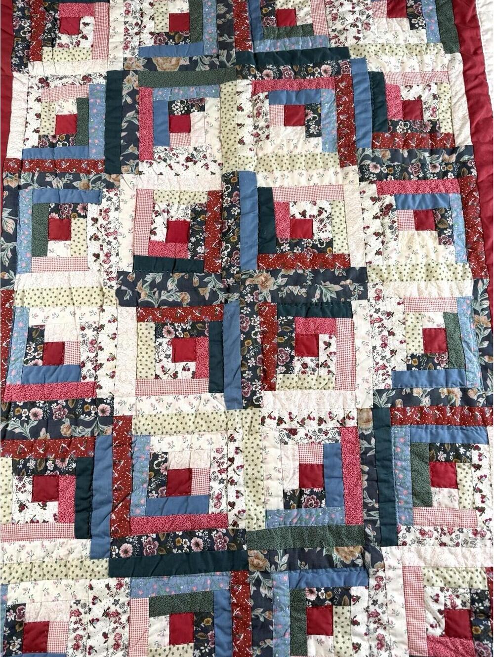 Vintage Log Cabin Quilt Wall Hanging Handmade Floral Patchwork 60x48 Cottagecore - Picture 2 of 9